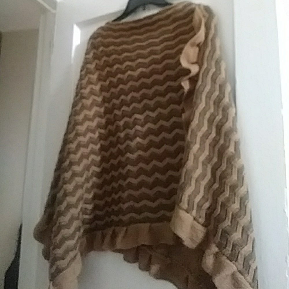 Womens brown and beige wool poncho pullover with f